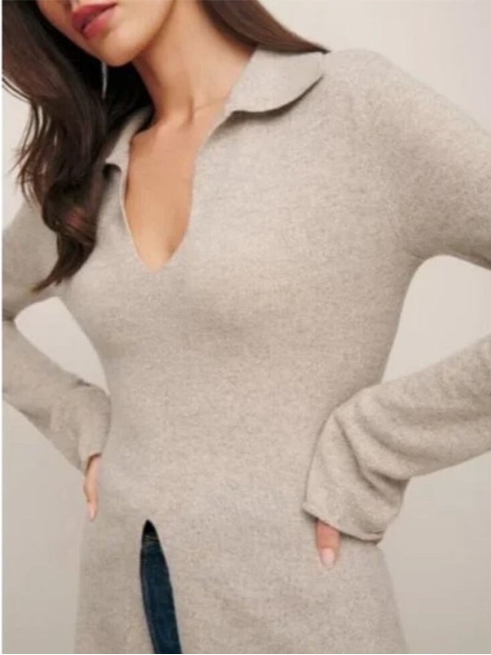 Reformation JADE Cashmere Beige V-Neck Collared Sweater ❤️❤️ - Picture 4 of 4
